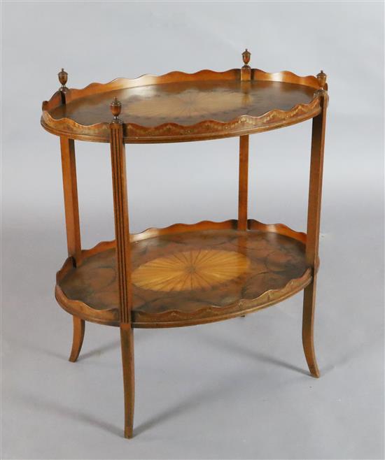 An Edwardian marquetry inlaid satinwood two tier oval occasional table, W.2ft 4in. D.1ft 8in. H.2ft 7in.